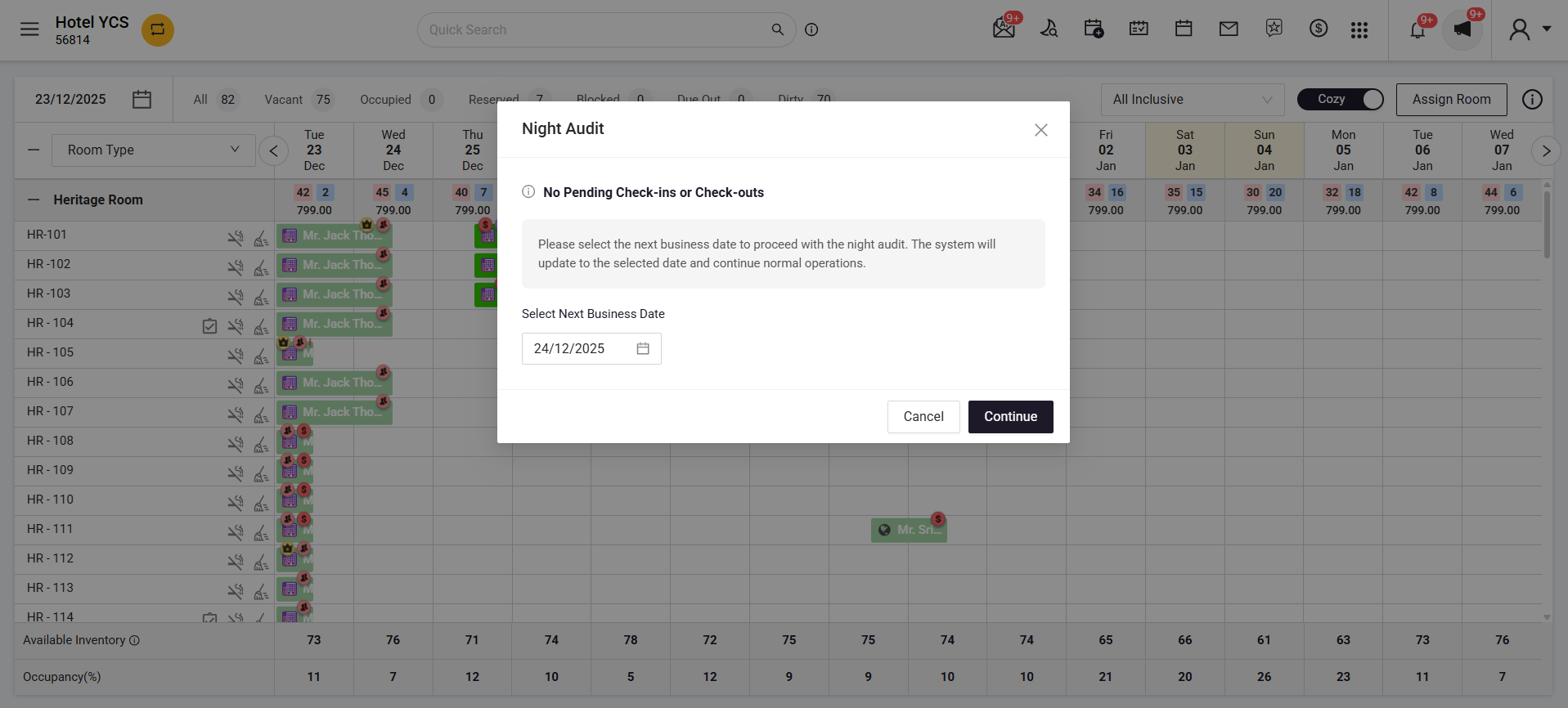 Quick Night Audit popup