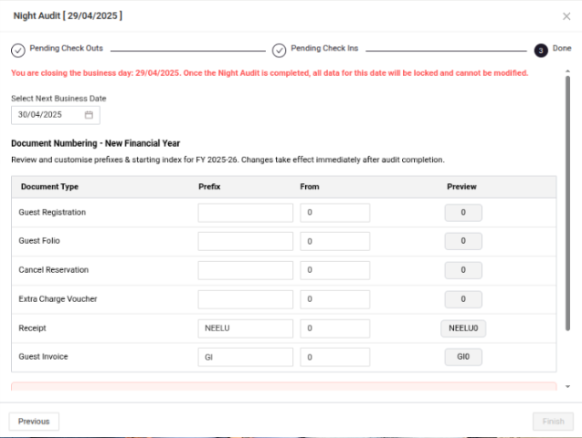Financial Year-End document numbering screen