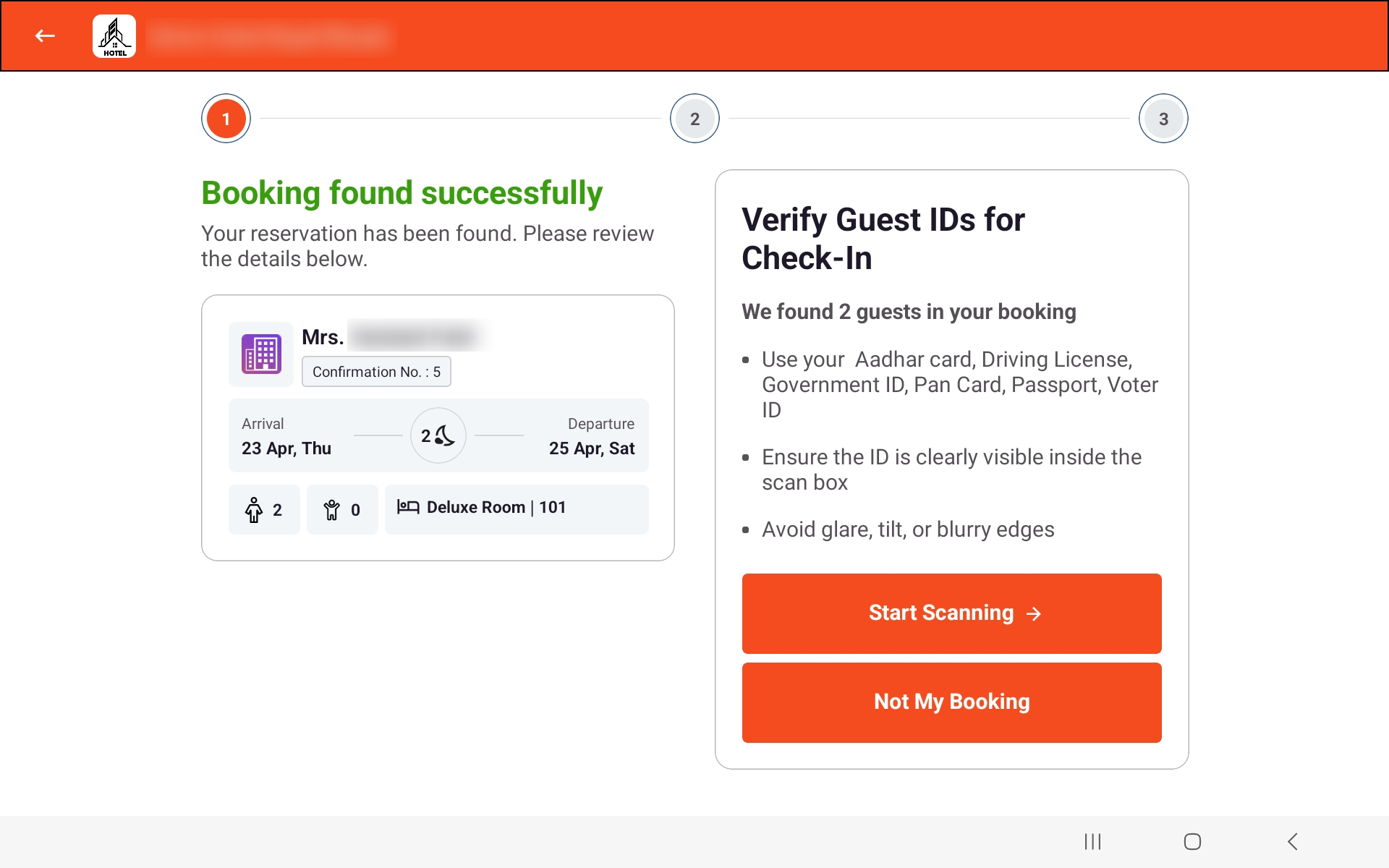 Tab view — Booking found successfully