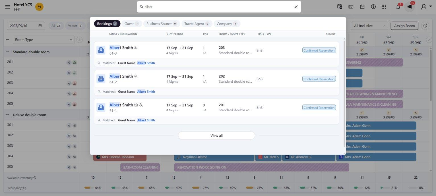 Image  New Search Modal (Bookings tab, matched field highlighted)