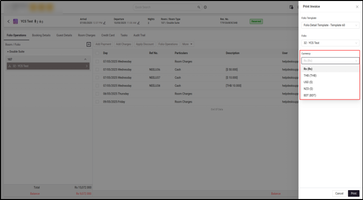 Multi-currency folio printing — Print Invoice screen