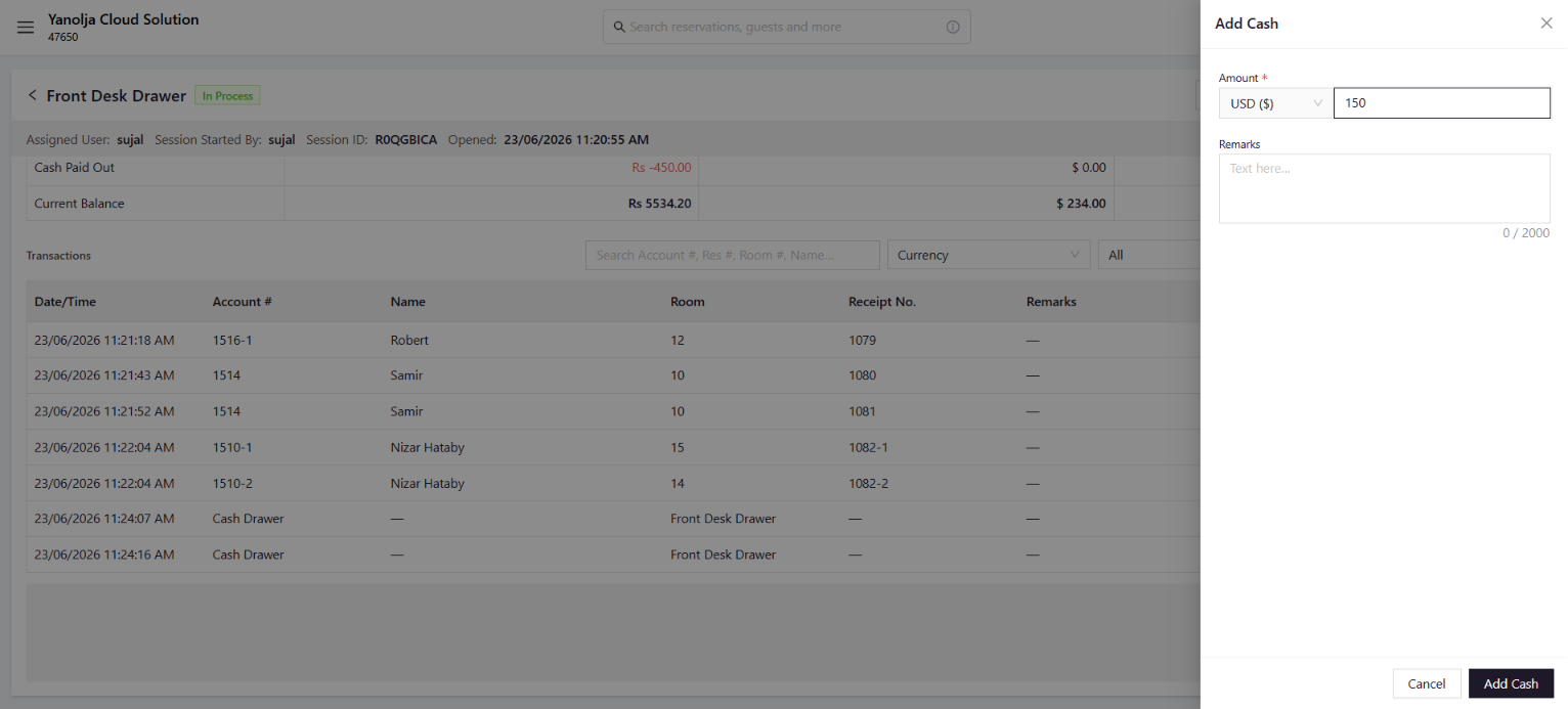 Add Cash panel