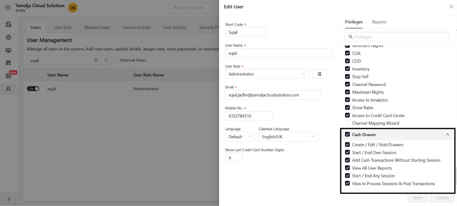 User Permissions screen