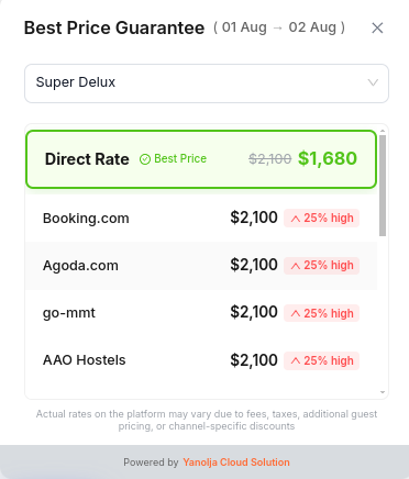 Rate Check panel in the Yanolja Cloud Solution Booking Engine showing Direct Rate highlighted as Best Price next to connected channel rates