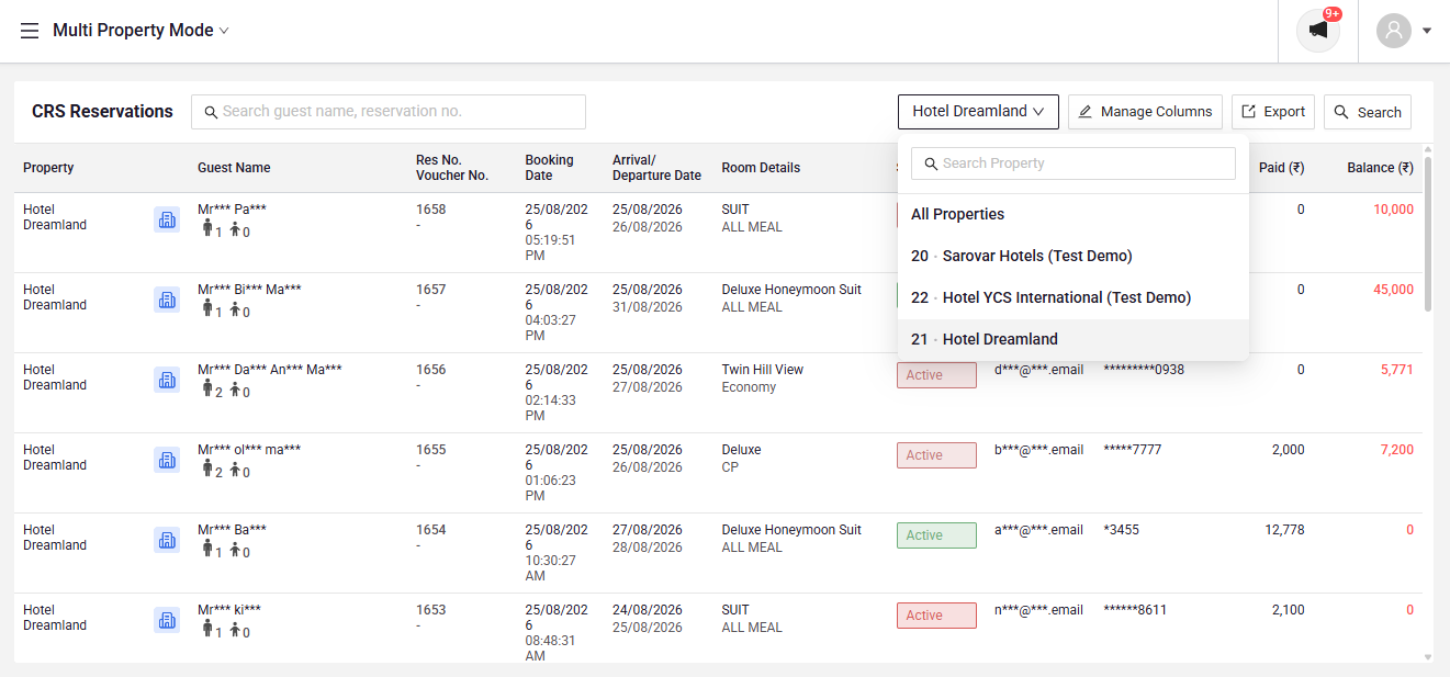 CRS Reservations list opened from within Multi Property Mode