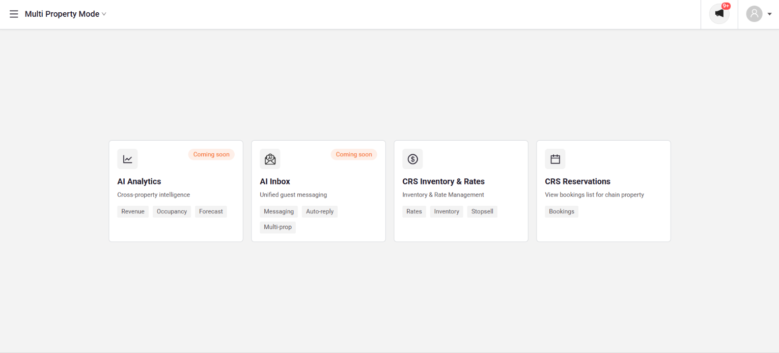 Multi Property Mode main screen with AI Analytics, AI Inbox, CRS Inventory and Rates, and CRS Reservations cards