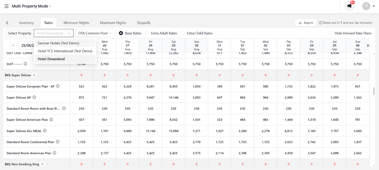 CRS Inventory and Rates screen with property selector and exportable rate table