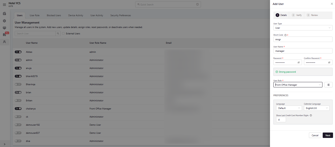 Add User Details step with short code, username, password and role fields