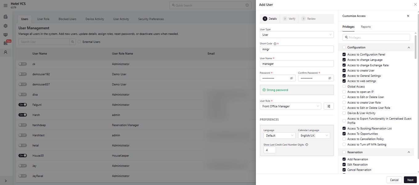 Customize Access panel with Privileges checkboxes grouped by category