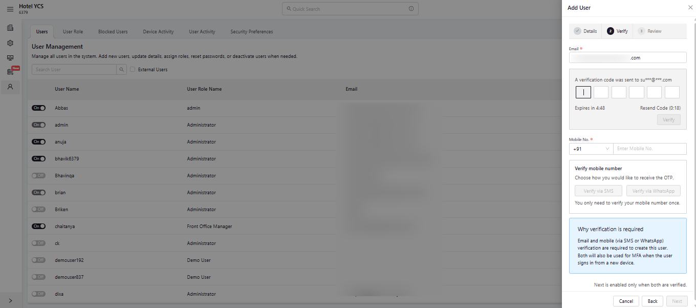 Verify step with an email verification code entry screen