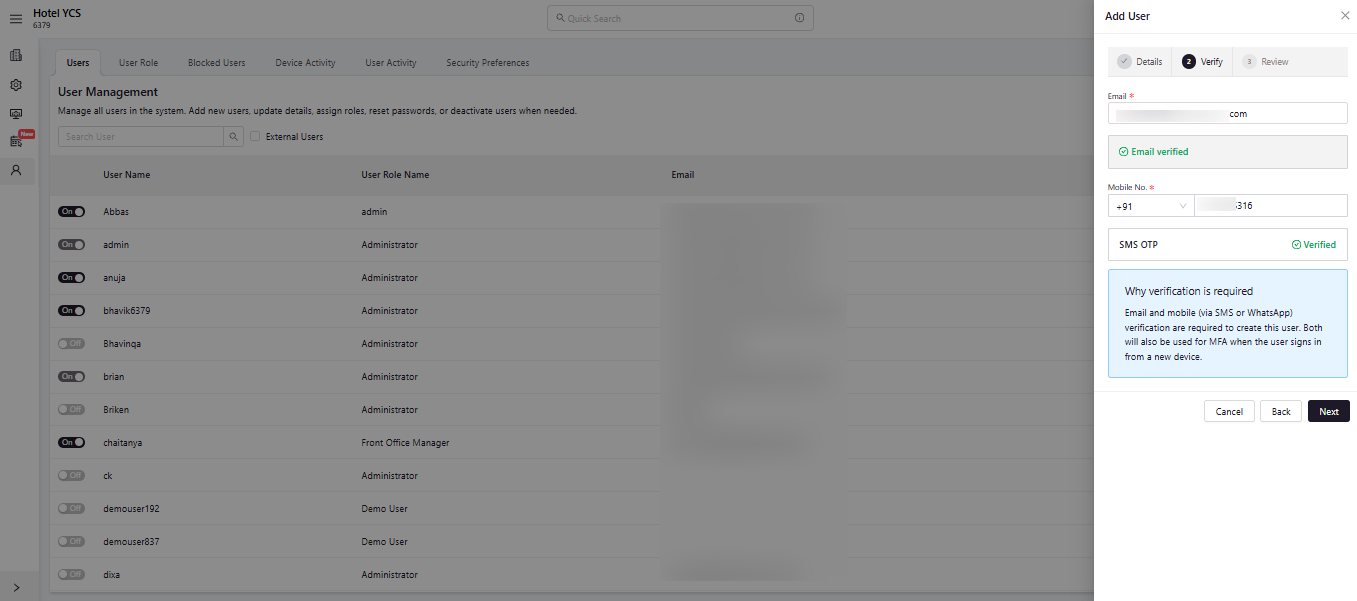 Both email and mobile verified with Next button enabled