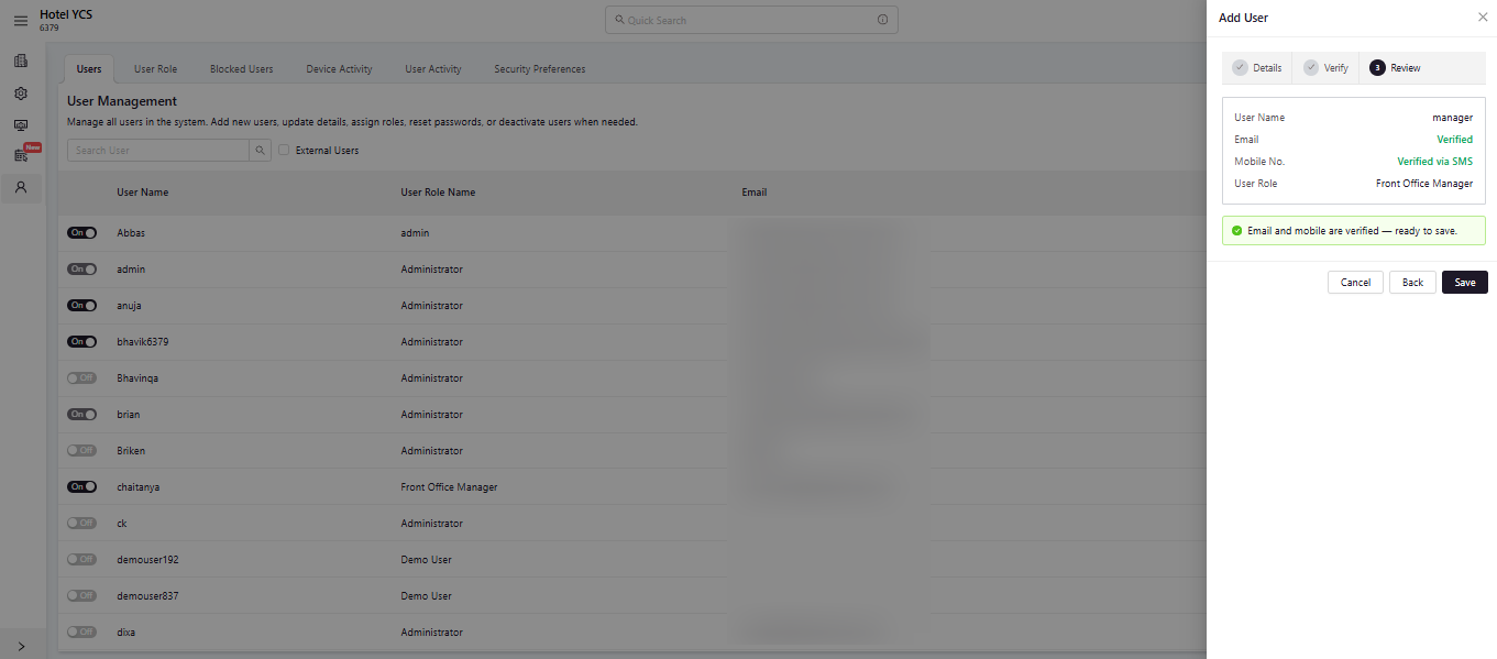 Review step summary showing verified email and mobile, ready to save