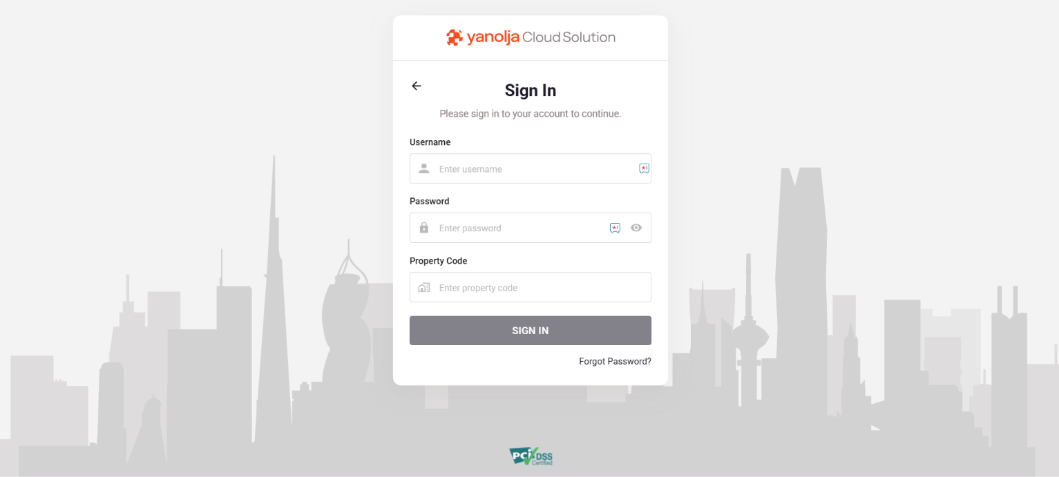 The sign in screen with Username, Password and Property Code fields