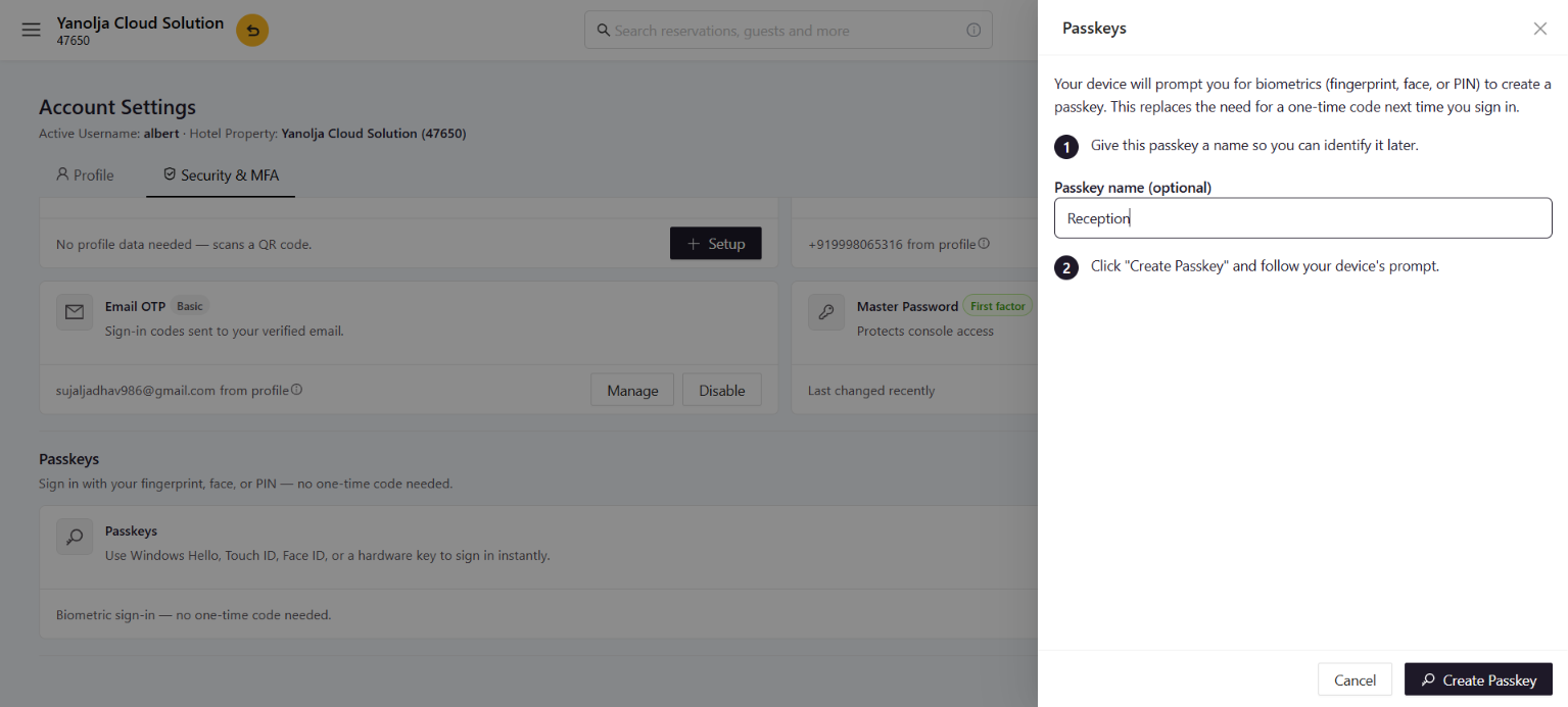 Passkey naming screen shown before Create Passkey is selected