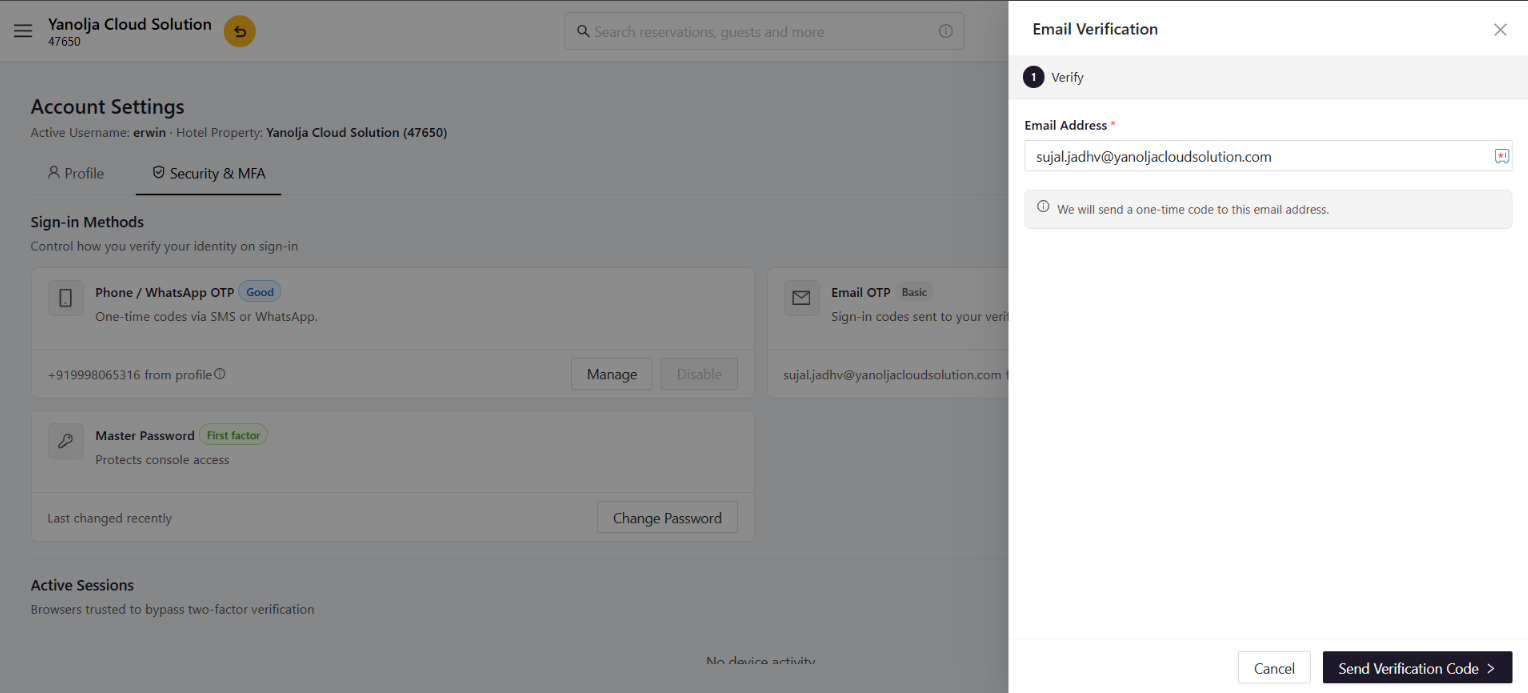 Email OTP setup panel confirming the address before sending a code
