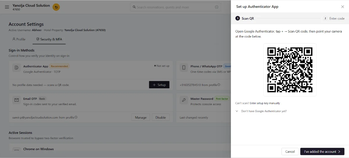 Authenticator App setup showing the QR code and code entry field