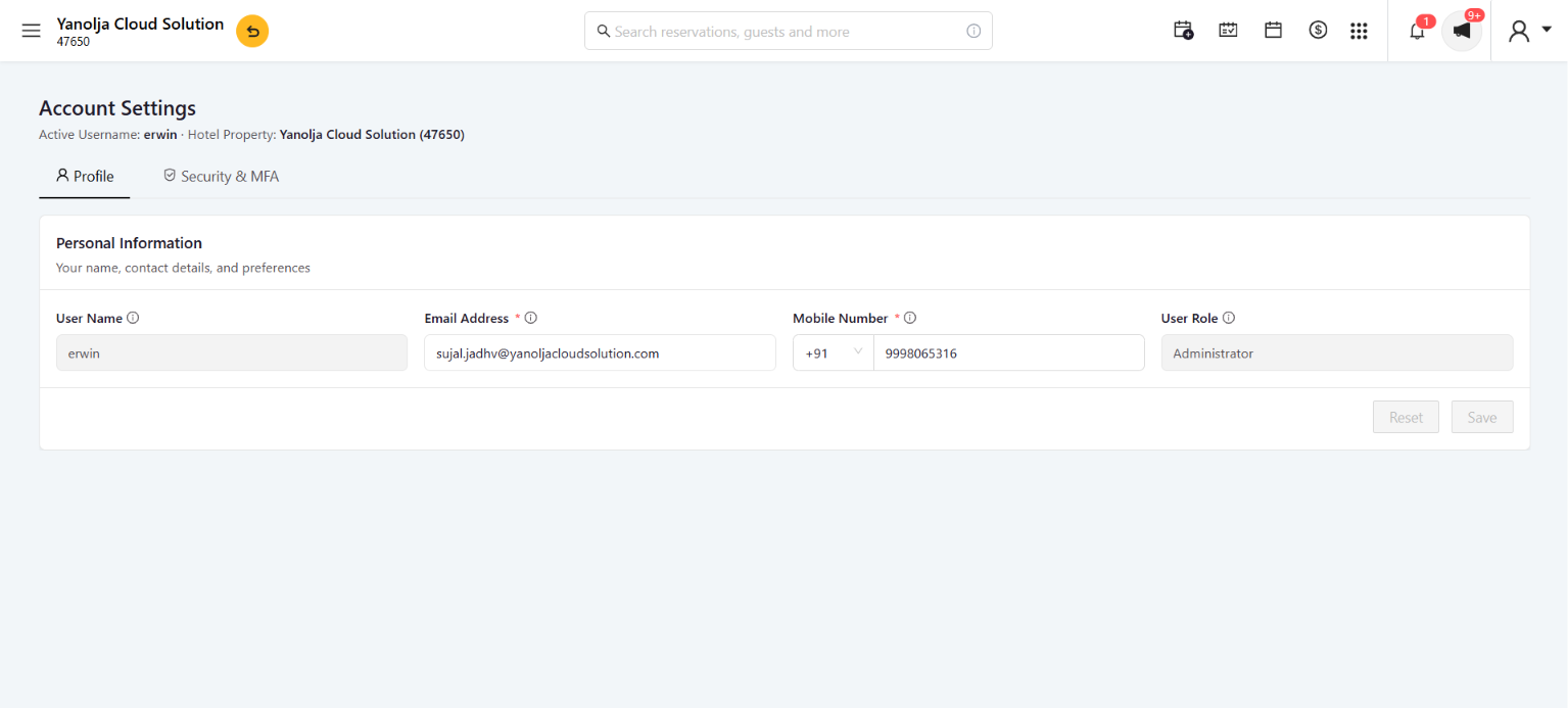 Profile tab showing username, email address, mobile number and role