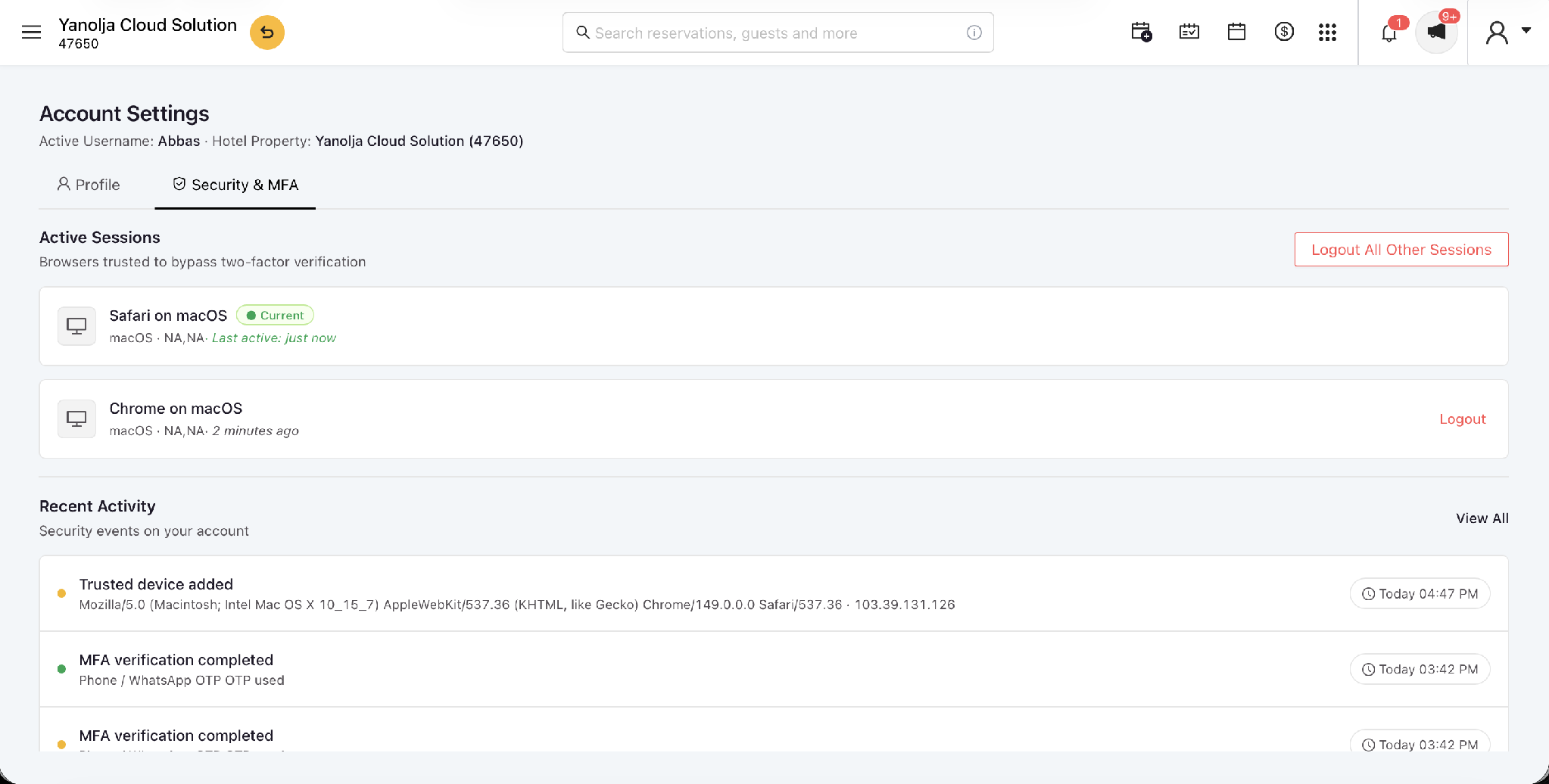 Active Sessions list with Logout controls and Recent Activity below