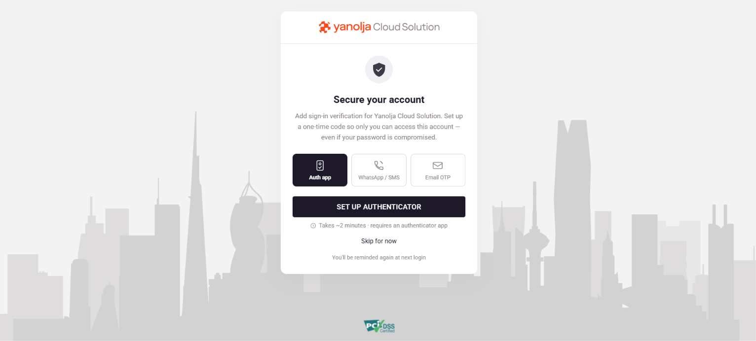 Secure Your Account screen with Authenticator App, WhatsApp or SMS, and Email OTP options