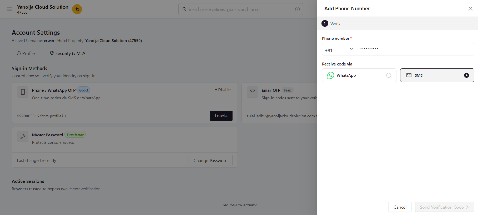 Add phone number panel with WhatsApp or SMS channel selection