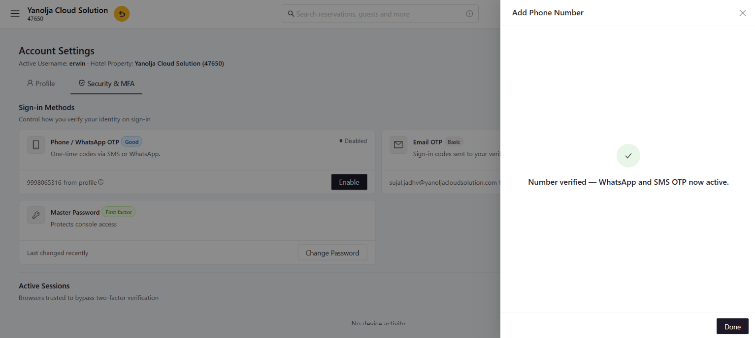 Confirmation that the number is verified and the method is active