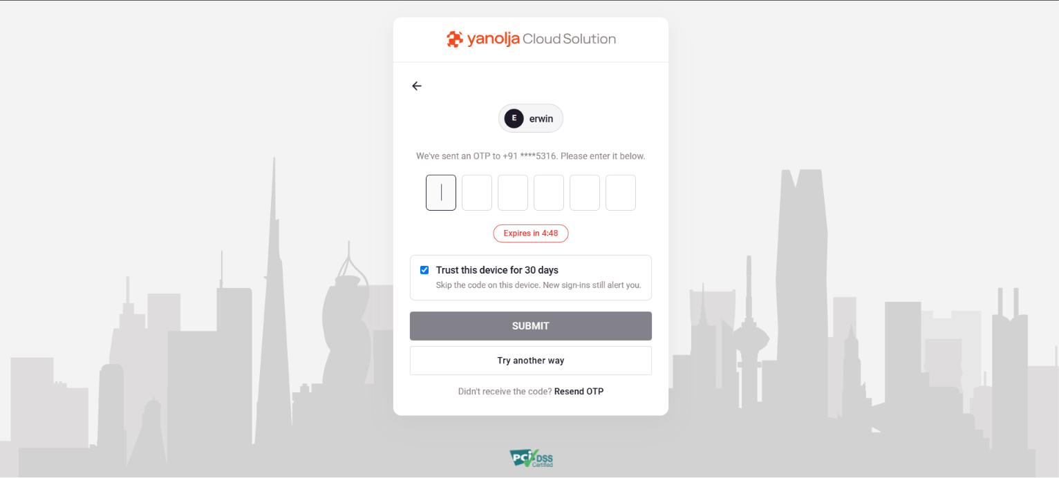 OTP entry screen with the Trust This Device for 30 Days checkbox