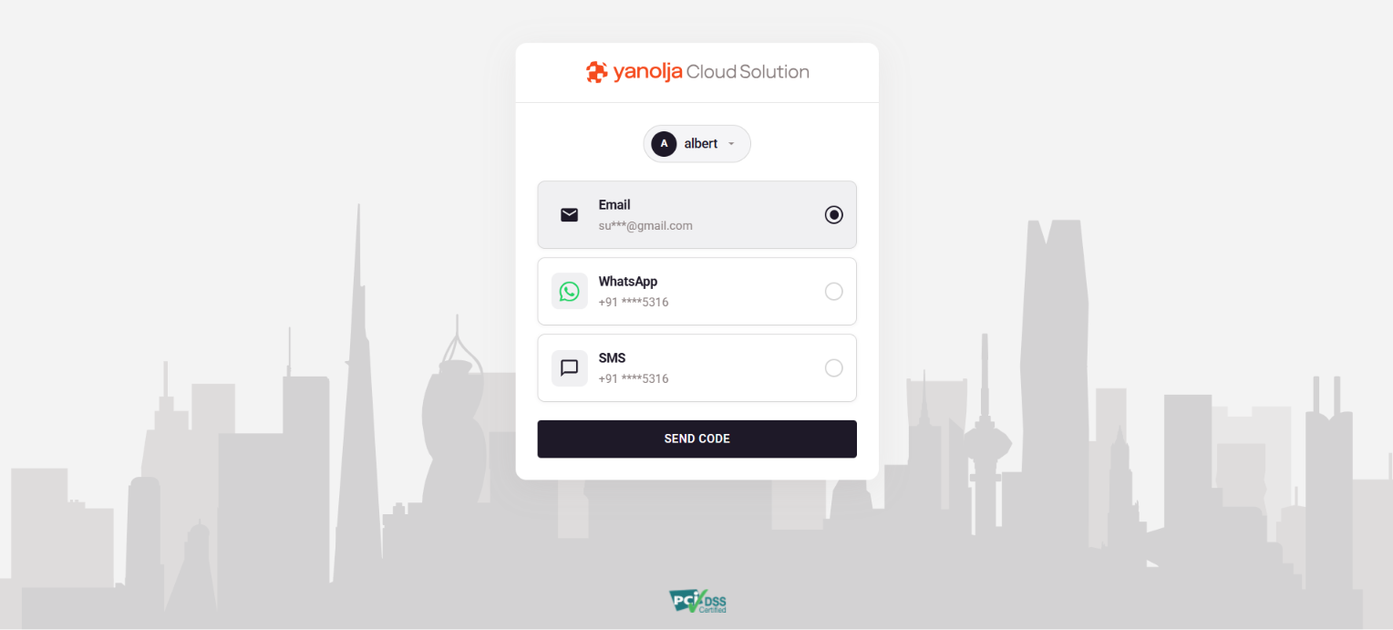 OTP source selection screen listing Email, WhatsApp and SMS