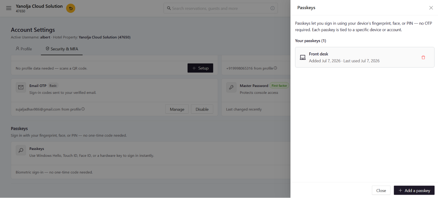Passkeys panel listing saved passkeys with the Add a passkey button