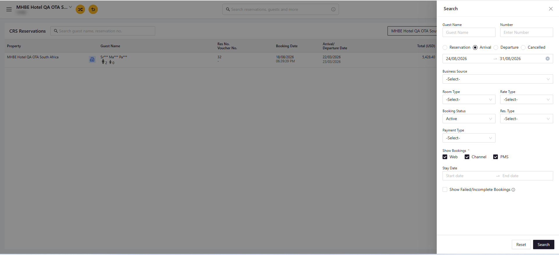 CRS Reservations search panel with filters